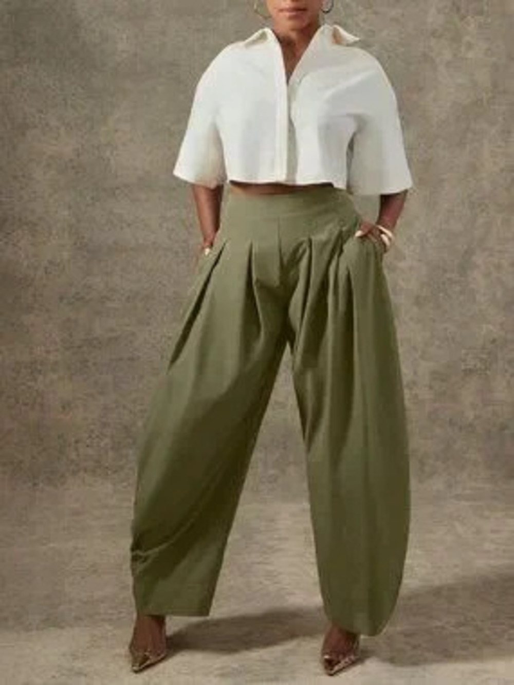 Olive Green Casual Women's High Waist Pleated Detail Barrel Leg Office Pants